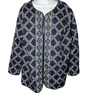 Catherines Quilted Jacket Geometric Print Black Blue White 3X